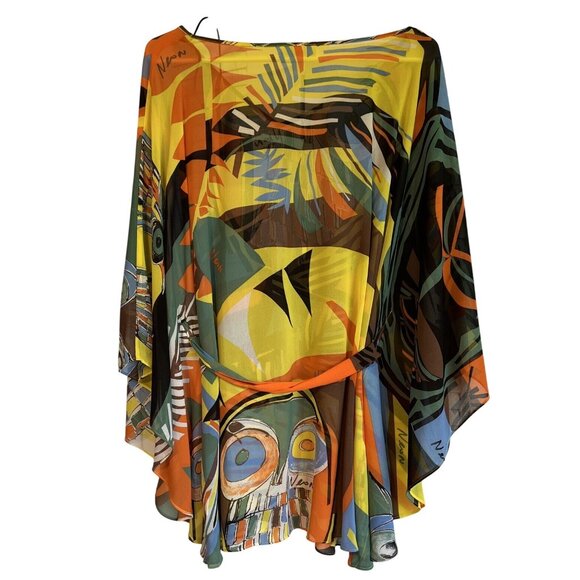 Neon By Macys Sheer Vibrant Owl Print Kimono Blouse Tie-Front V-Neck Womens S - Picture 7 of 8